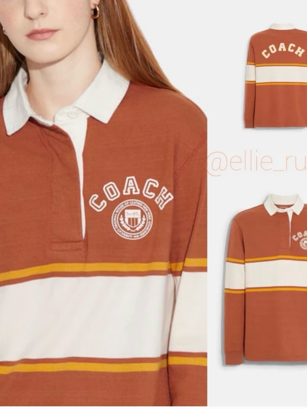 Coach Rust Orange Rugby Polo with White & Yellow Stripes, Size M